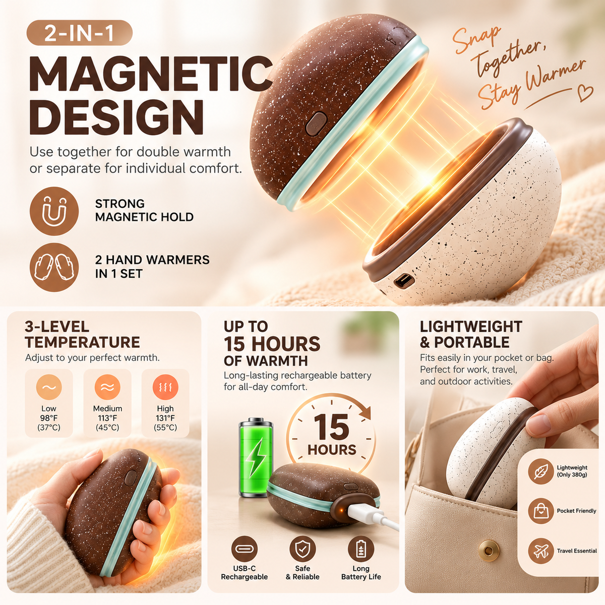 WarmPebble – 2-in-1 Magnetic Rechargeable Hand Warmers